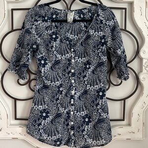 GUESS 100% COTTON V-NECK BLOUSE BLUE/WHITE SIZE EXTRA SMALL